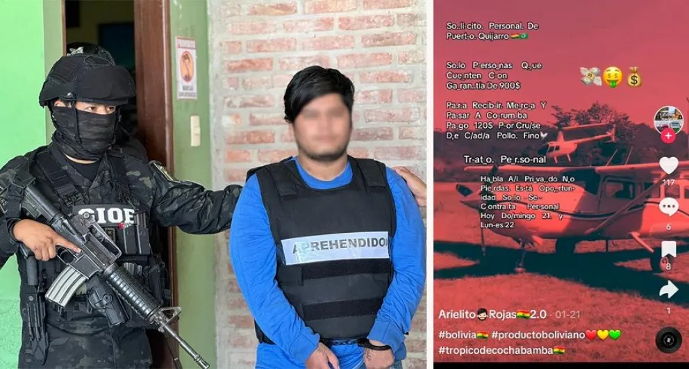 El narco tiktoker Juan Carlos R.L., de 20 años, fue presentado en Santa Cruz. En recuadro una de las publicaciones en Tik Tok. Foto: Ministerio de Gobierno y Tik Tok