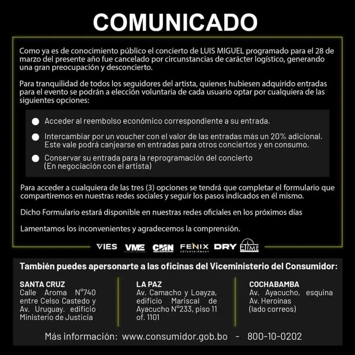 Comunicado de las empresas organizadoras