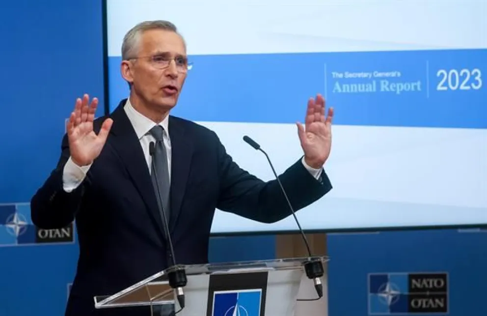 El secretario general de la OTAN, Jens Stoltenberg, en una rueda de prensa con ocasión de la presentación del informe anual de la Alianza el 14 de marzo de 2024. Foto: EFE
