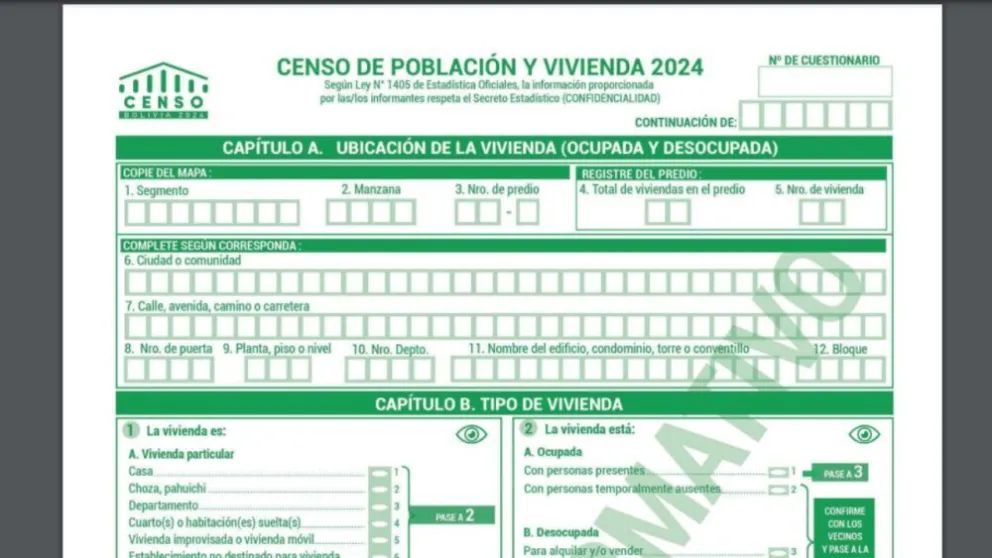 Boleta censal que será utilizada el sábado en el operativo nacional.   Foto: ABI