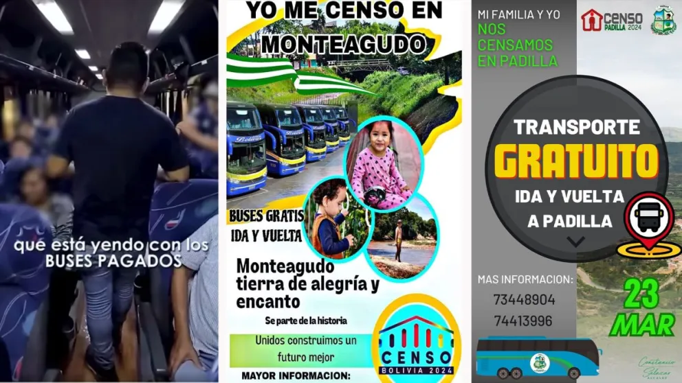 Captura de video del momento que pobladores de Santa Cruz son trasladados a Monteagudo. En recuadro los carteles publicados en redes sociales. Fotos: Facebook