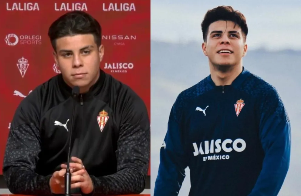 El joven Egüez el día que habló con los medios en España y con el buzo del Sporting de Gijón.