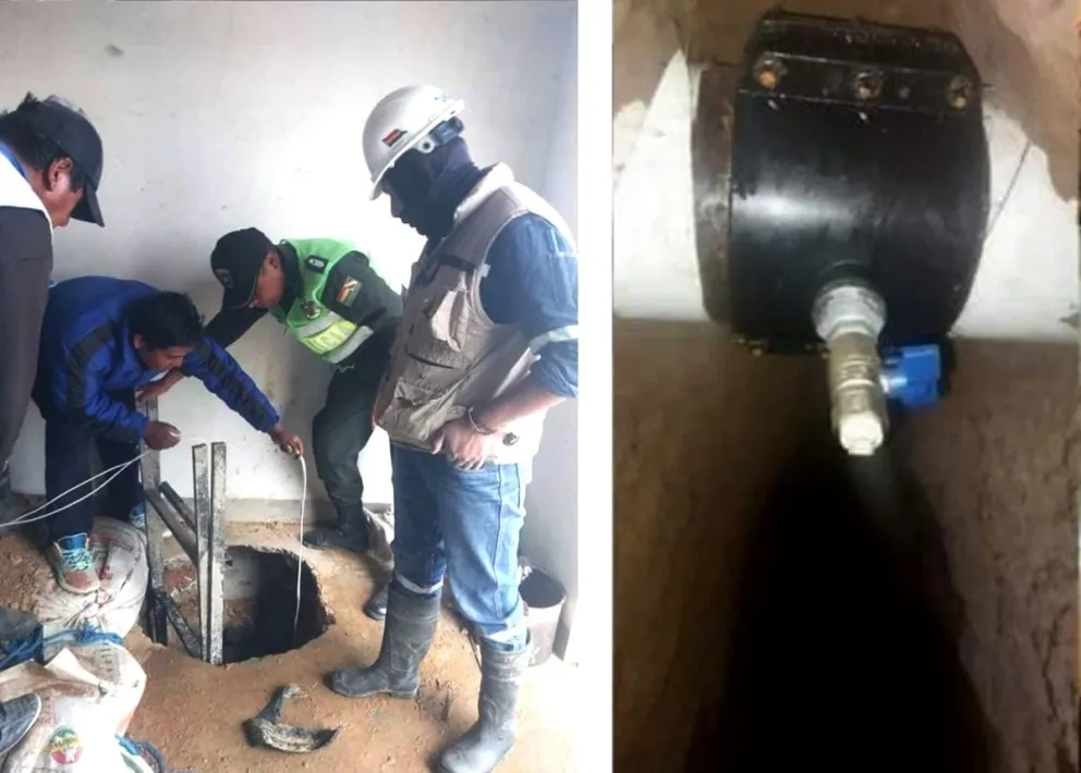Momento en que la policía interviene en el domicilio donde se halló un túnel que llevaba hasta una tubería de YPFB, en Achocalla. Foto: Radio San Gabriel.