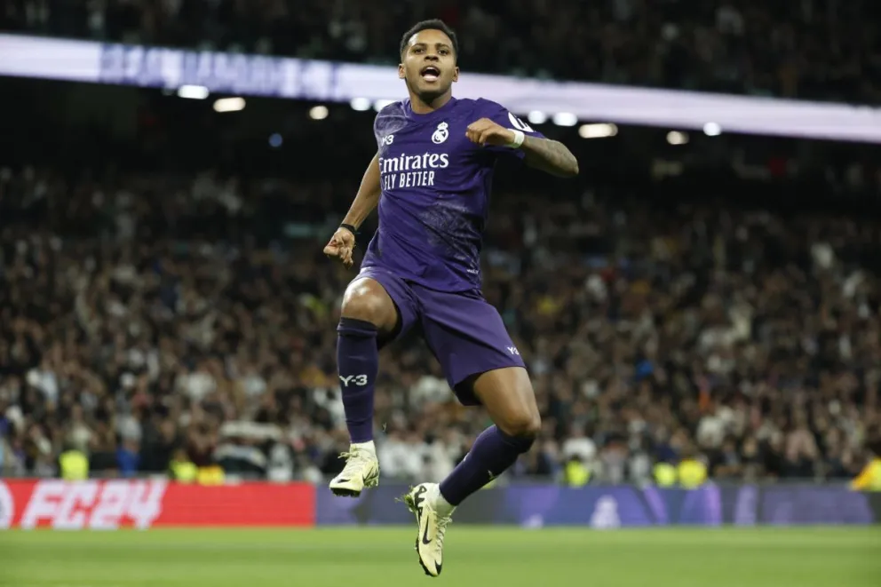 El festejo del brasileño Rodrygo, autor de un doblete. Foto EFE
