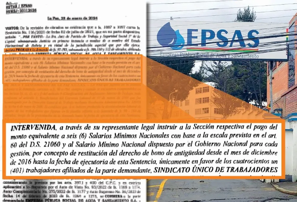 El fragmento de la sentencia que conmina a Epsas a pagar a los trabajadores. Foto: Carlos Quisbert