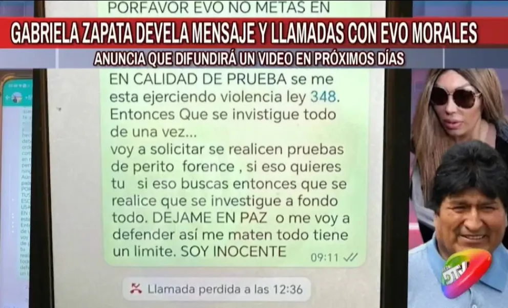 Parte del mensaje que Gabriela Zapata envió a Evo Morales, revelado por la televisora DTV. Foto: Captura.