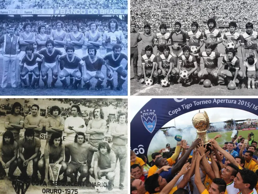 Arriba: Oriente 1979 y Blooming 1984, campeones en la exLiga. Abajo: Guabirá campeón 1975 y la celebración de Sport Boys en 2015.