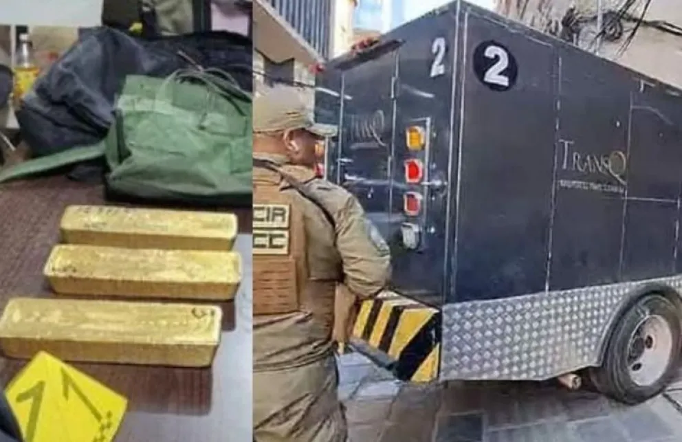 En la imagen los lingotes de oro y el vehículo que ingresa al BCB para depositar el metal. Foto: ABI