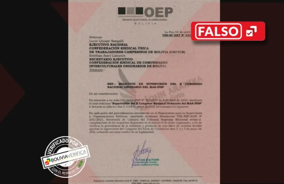 El documento falso difundido en redes sociales. Foto: Bolivia Verifica 