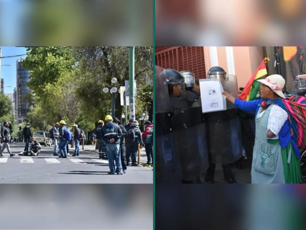 En la imagen los dos sectores movilizados en la ciudad de La Paz. Composición.