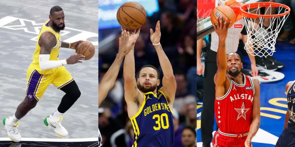 Los basquetbolistas LeBron James (izq.), Stephen Curry y Kevin Durant.  Foto: EFE.