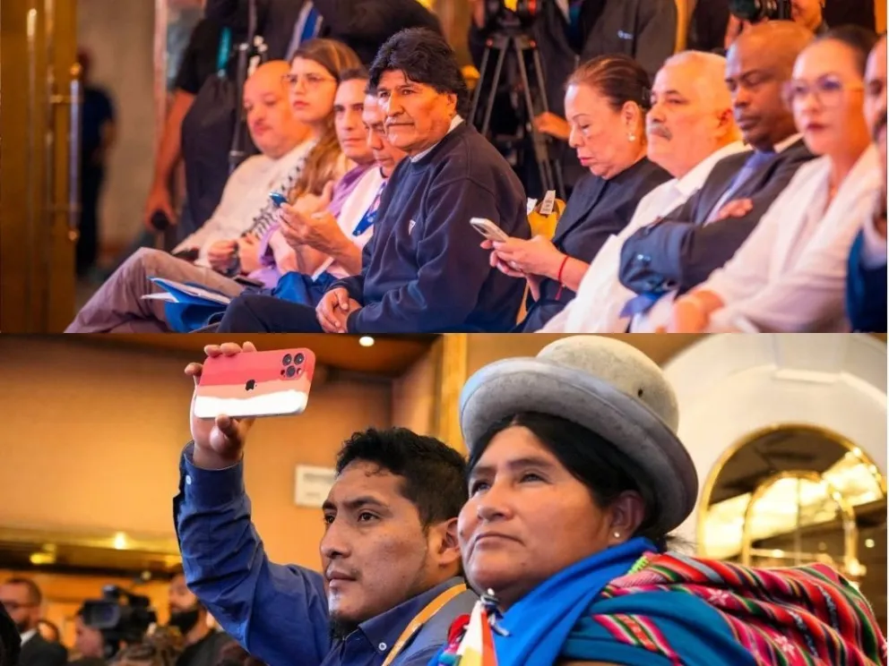 Arriba, Evo Morales en el evento; abajo, Vidal Gómez y Guillermina Kuno, del "pacto de unidad" arcista. Fotos: @AbyaYalaBolivia y @ALBATCP.