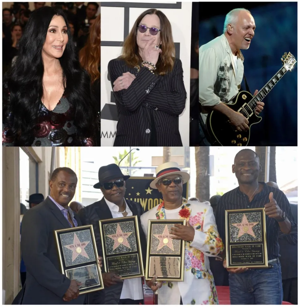 Combo de fotografías de archivo que muestra, arriba desde la izquierda, a la cantante estadounidense Cher, el cantante británico Ozzy Orbourne, y el cantante británico Peter Frampton; abajo los integrantes de la agrupación Kool and the Gang. FOTO: EFE
