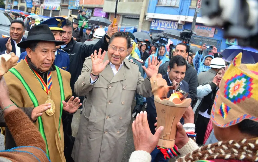 David Choquehuanca y Luis Arce, durante un acto público en marzo. Foto: Vicepresidencia