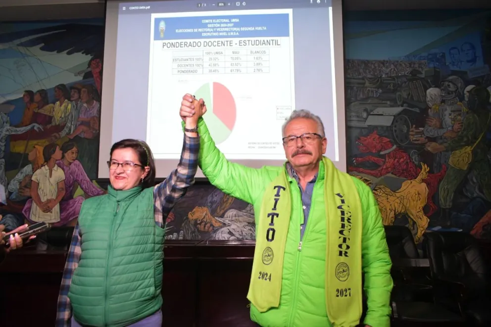 La rectora electa María Eugenia García y el vicerrector electo Tito Estévez, tras la proclamación como ganadores de la segunda vuelta de los comicios. Foto: UMSA