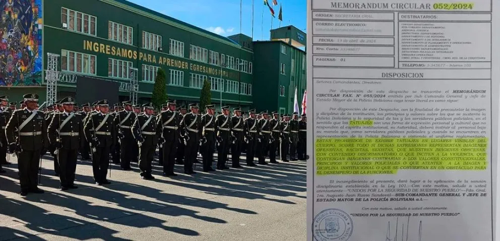 Circular 052/2024 que prohíbe que los policías exhiban tatuajes en partes visibles del cuerpo. Foto: Policía Boliviana