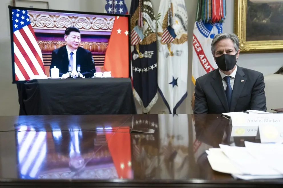 El secretario de Estado de EEUU, Antony Blinken, y el líder chino, Xi Jinping, en un encuentro virtual en 2021. Foto: EFE