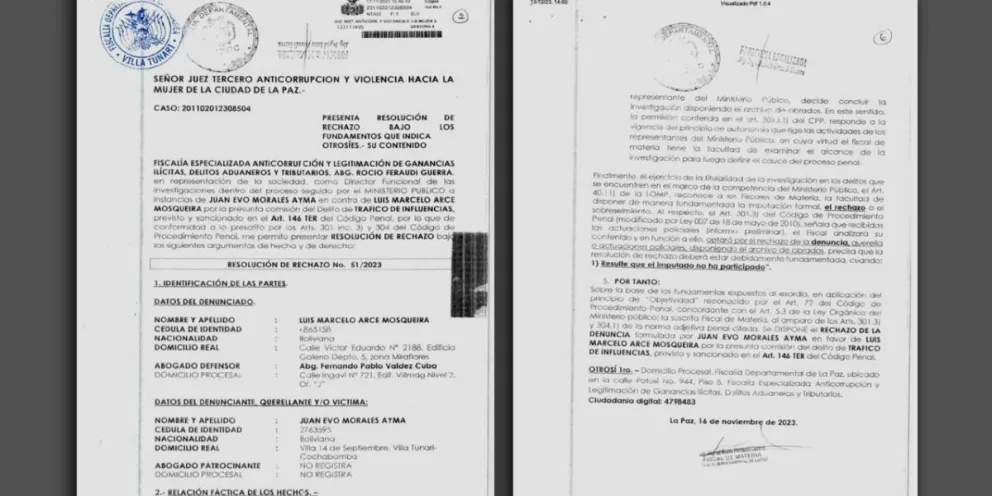 La Resolución de Rechazo emitida por la Fiscalía a la denuncia contra el hijo del presidente Luis Arce. Foto: ABI