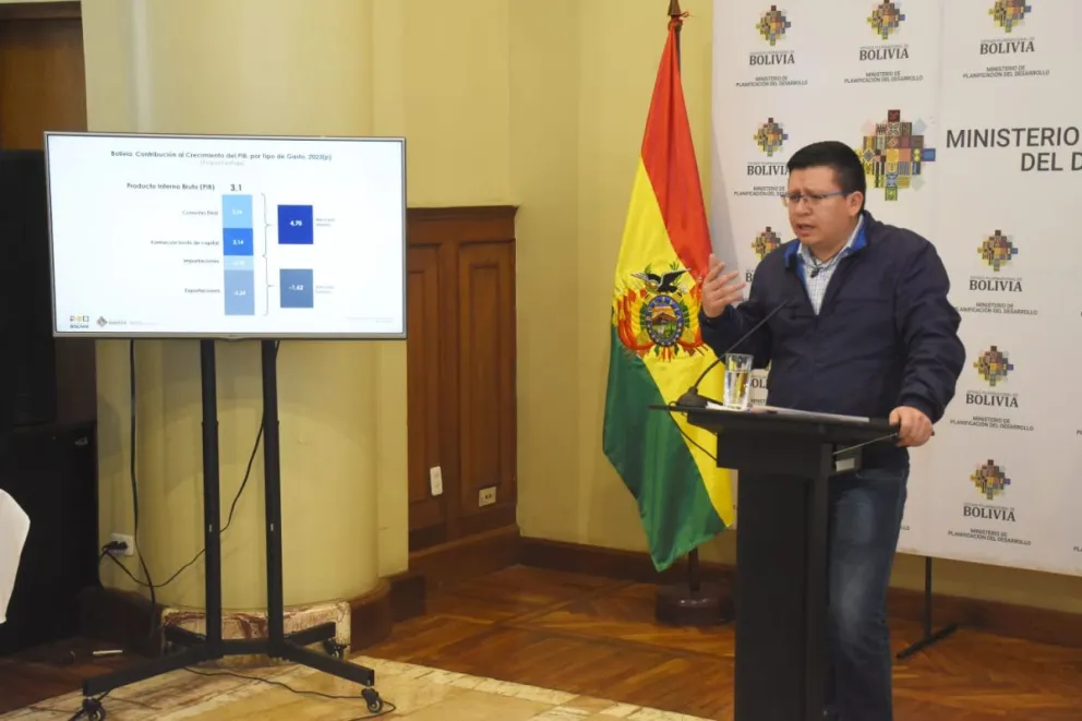 El ministro de Planificación del Desarrollo, Sergio Cusicanqui, informa sobre la tasa de crecimiento de de 2023. Foto: APG