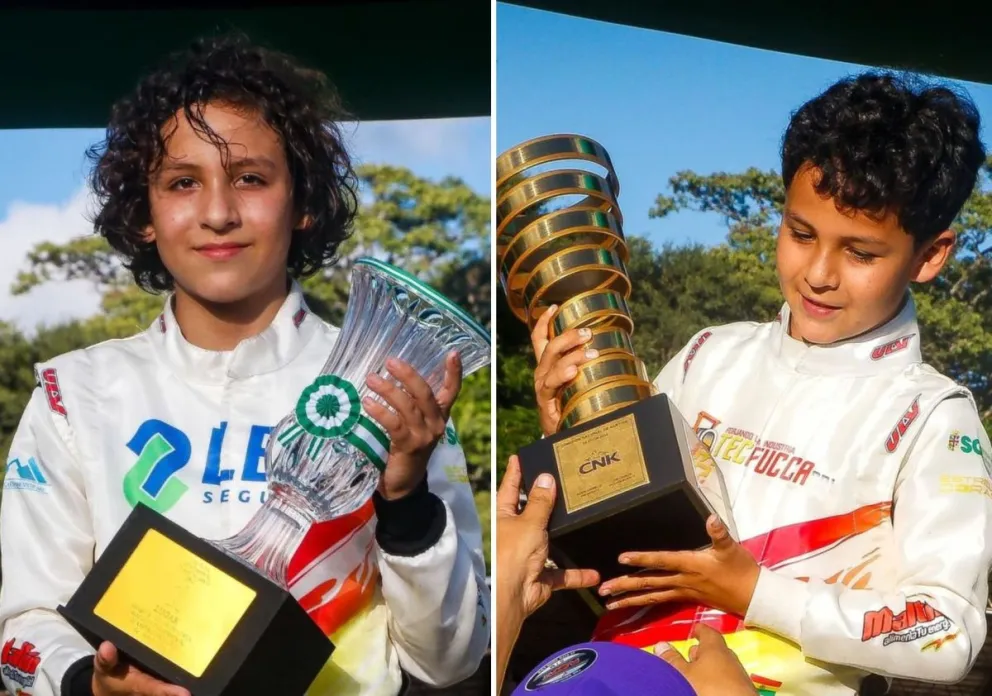 Lucas (izq.) y Valentino con sus trofeos por ganar la prueba cruceña. Fotos: Jordy Ugarte.