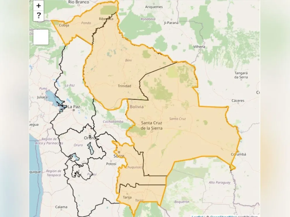 Un mapa en el que se ve a los cinco departamentos afectados. Foto: ABI 