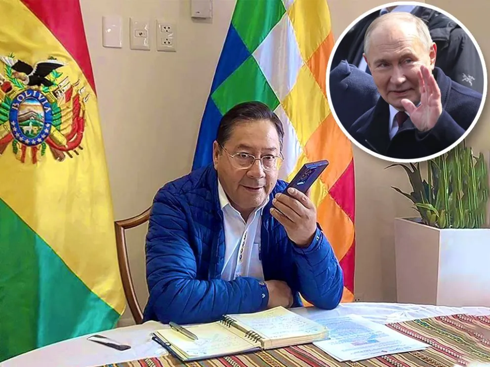 Arce durante el contacto con Putin, este lunes. Foto: Telegram de Luis Arce y EFE 