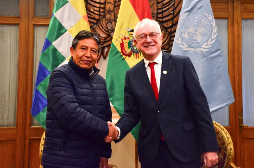 El vicepresidente David Choquehuanca y el subdirector general y representante regional de la FAO para América Latina y el Caribe, el uruguayo Mario Lubetkin. Foto: EFE / Vicepresidencia 