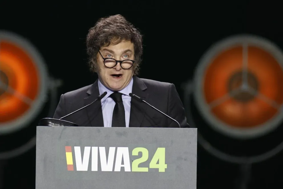 Javier Milei durante su intervención en la convención política de Vox. Foto: EFE