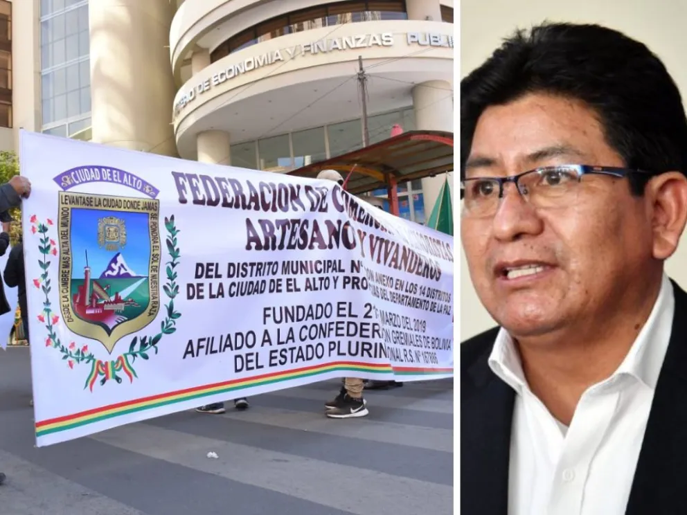 Gremiales marchan en la ciudad de La Paz, al otro extremo, el ministro de Obras Públicas, Édgar Montaño. Foto. Composición.