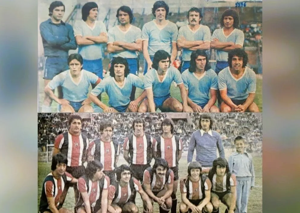Los equipos de Bolívar y Palestino que jugaron un partido amistoso en 1976, en Tembladerani. Foto: Hemeroteca UMSA