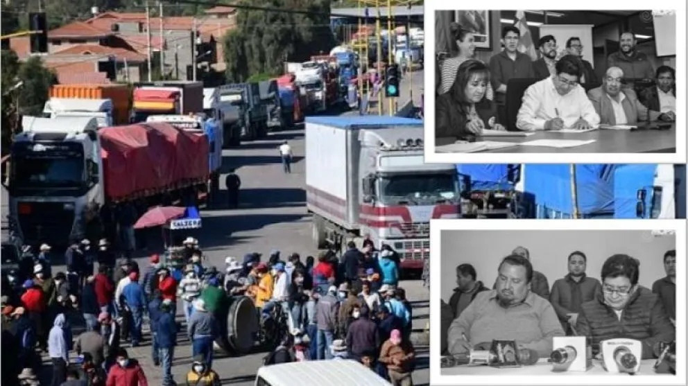 Transporte pesado en un anterior bloqueo de vías y los acuerdos que alcanzó el Gobierno. Foto: Composición capturas
