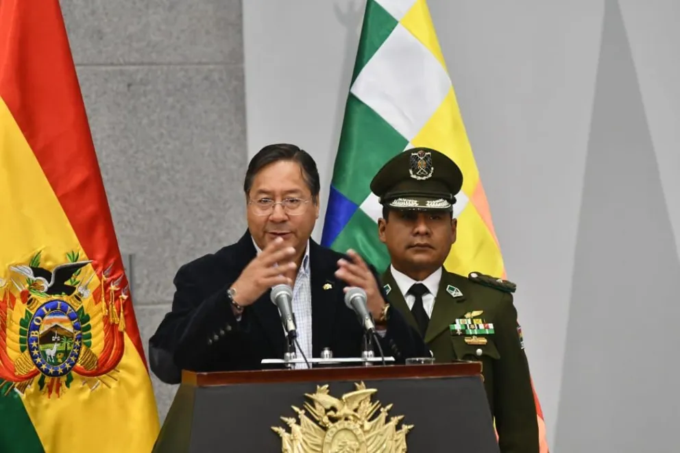 El presidente Luis Arce durante el acto de esta mañana. Foto: APG