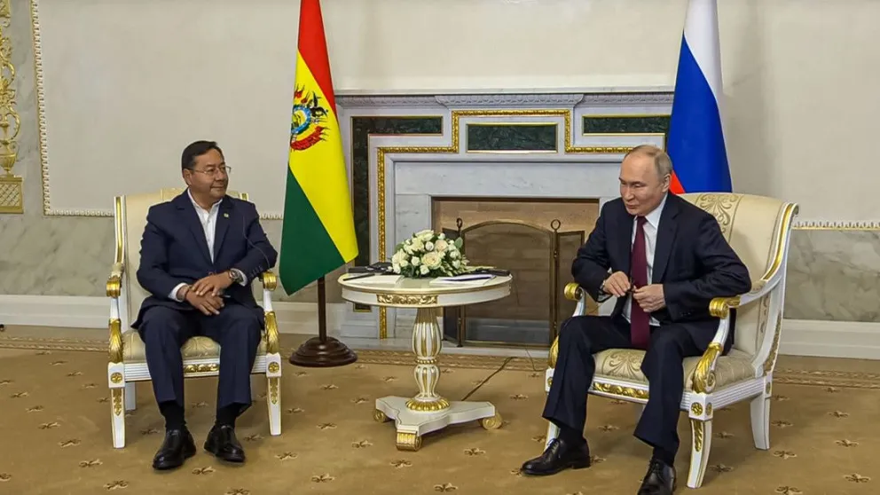El presidente Arce y Putin en la reunión de este jueves. Foto: RT 