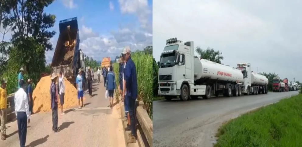 El bloqueo en Yapacaní deja 15 camiones cisternas parados. Foto: Composición