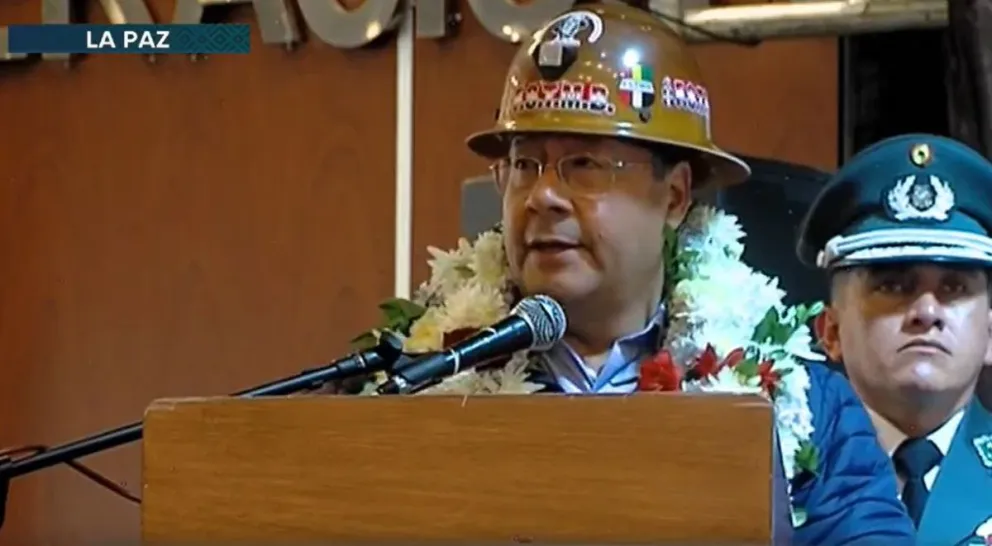 El presidente Luis Arce durante su discurso de hoy, con los mineros. Foto: Captura de video