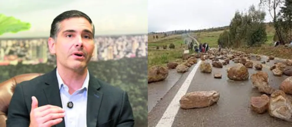 El presidente de la Federación de Empresarios Privados de Santa Cruz, Óscar Justiniano, y un bloqueo de vías. Foto. Composición