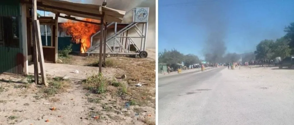 Imágenes que circularon en redes sociales de la quema de oficinas de Senasag y movilización de comerciantes en Yacuiba. Foto: Unitel.