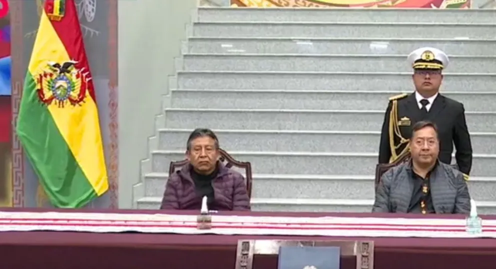 Choquehuanca y Arce durante un acto, este miércoles.  Foto: Captura de pantalla