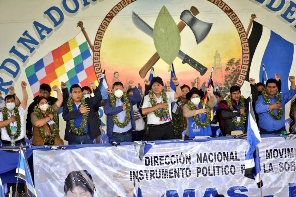 Evo Morales durante un acto del MAS, con la presencia del presidente Luis Arce. Foto: @evoespueblo