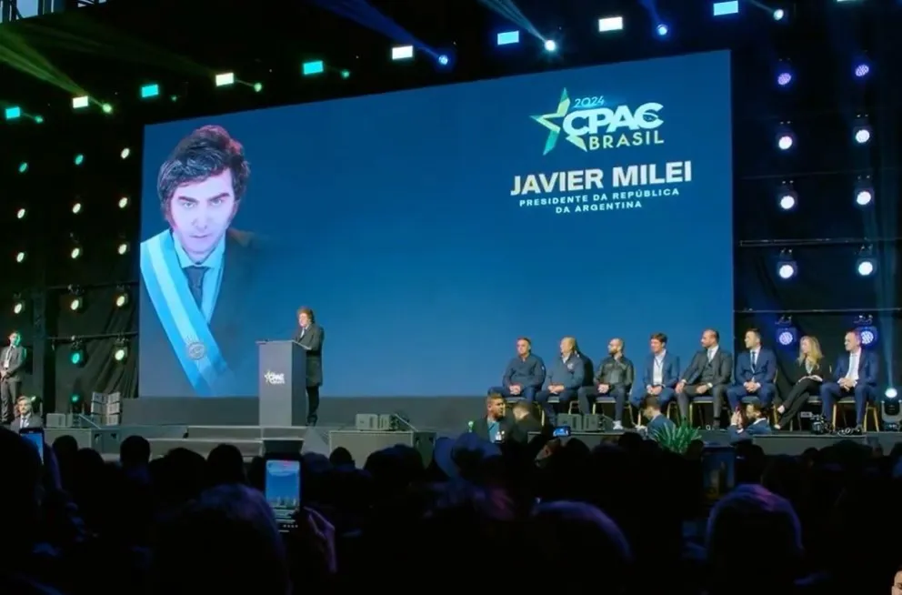 El presidente de Argentina, Javier Milei, ayer en la quinta edición de la Conferencia de Acción Política Conservadora (CPAC) en Brasil. Foto: Captura de video