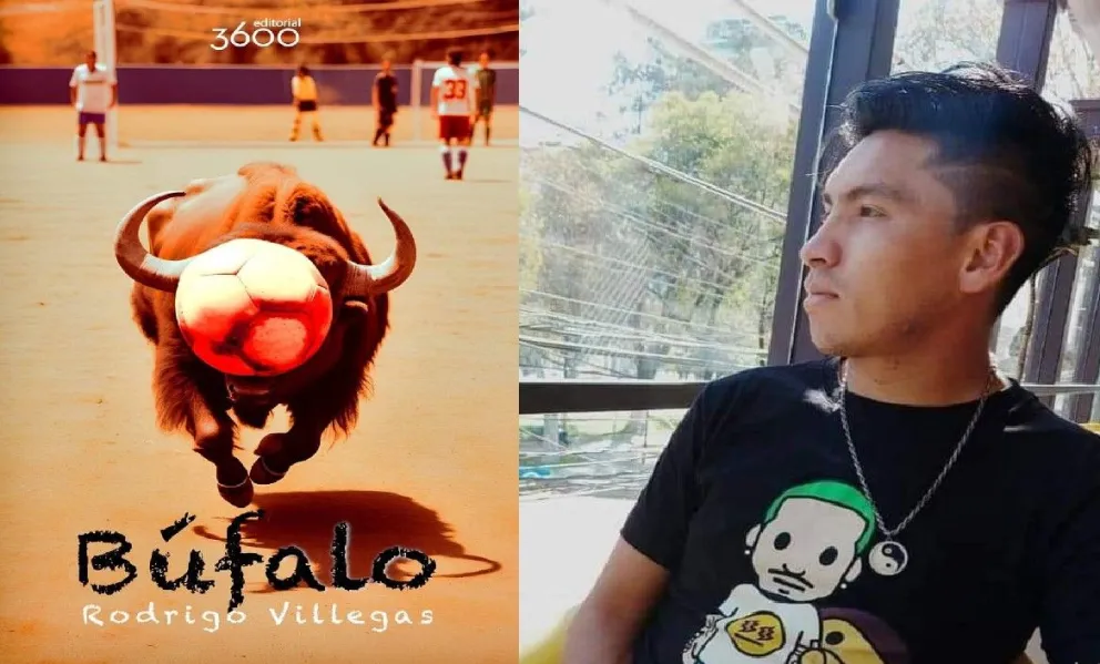 La portada del libro de cuentos "Búfalo" y su autor Rodrigo Villegas. Foto: Composición