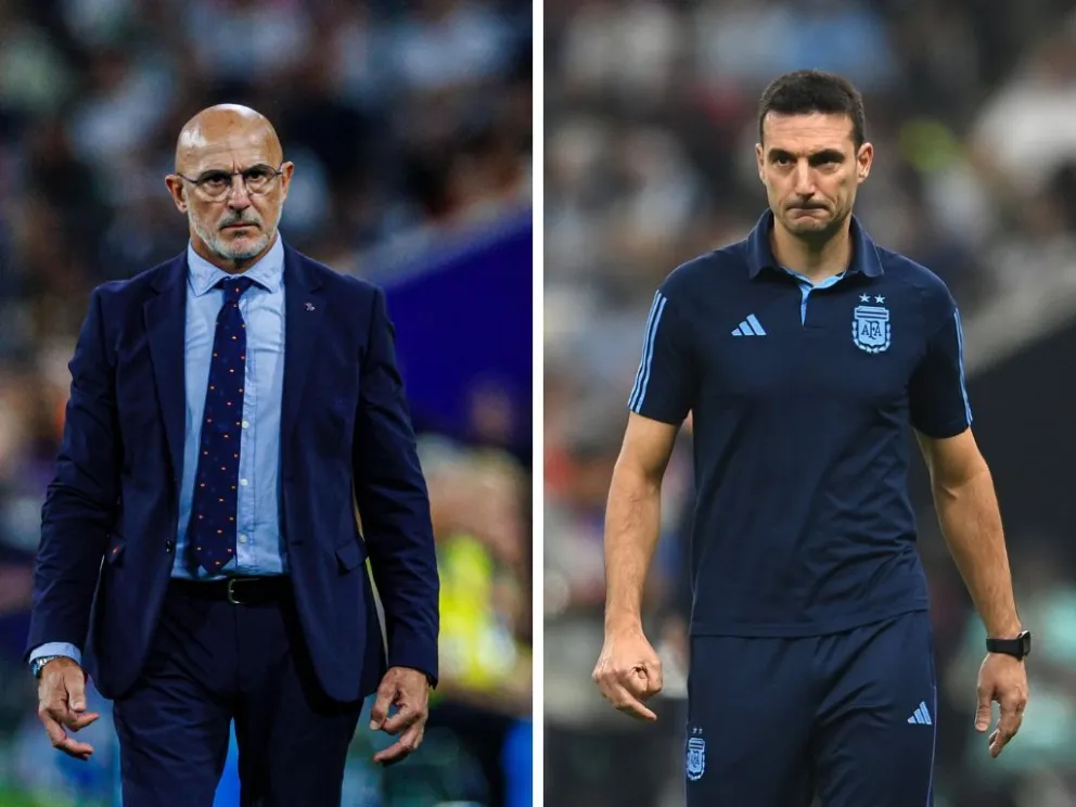 Los entrenadores campeones: Luis de la Fuente (España) y Lionel Scaloni (Argentina).