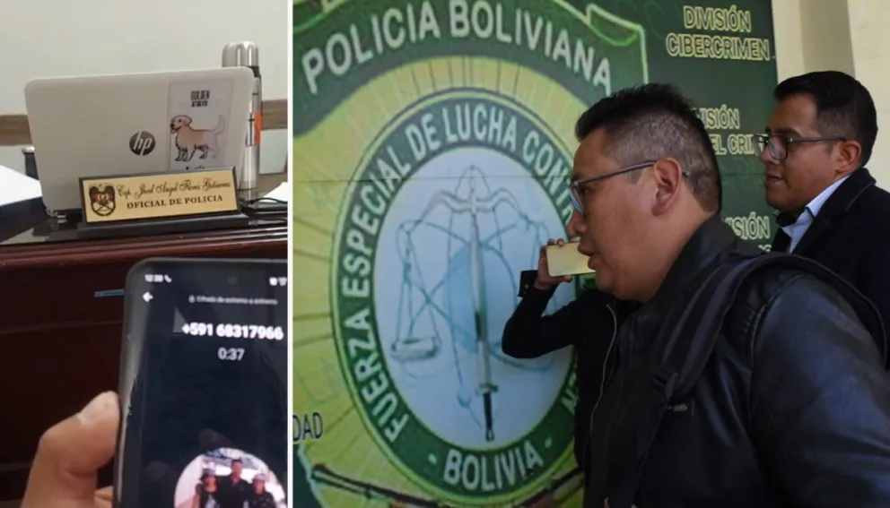 A la derecha, captura de video del momento que se grabó la llamada del extorsionador, Joel S.P. quien llegó a la Felcc aprehendido por Abel Loma. Foto. APG