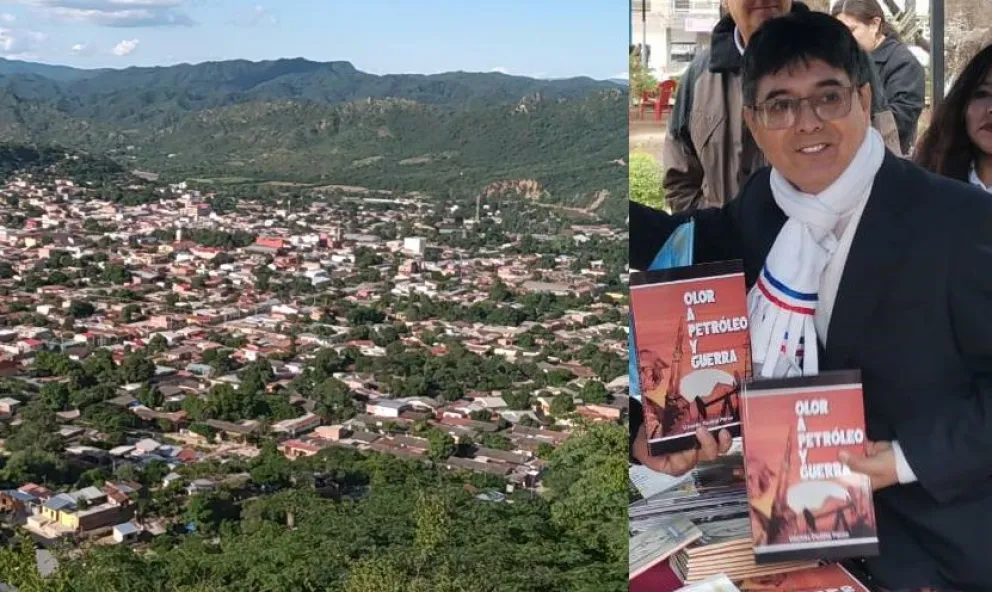 El escritor chaqueño, Ubaldo Padilla Pérez, sobre un fondo de la localidad de Camiri