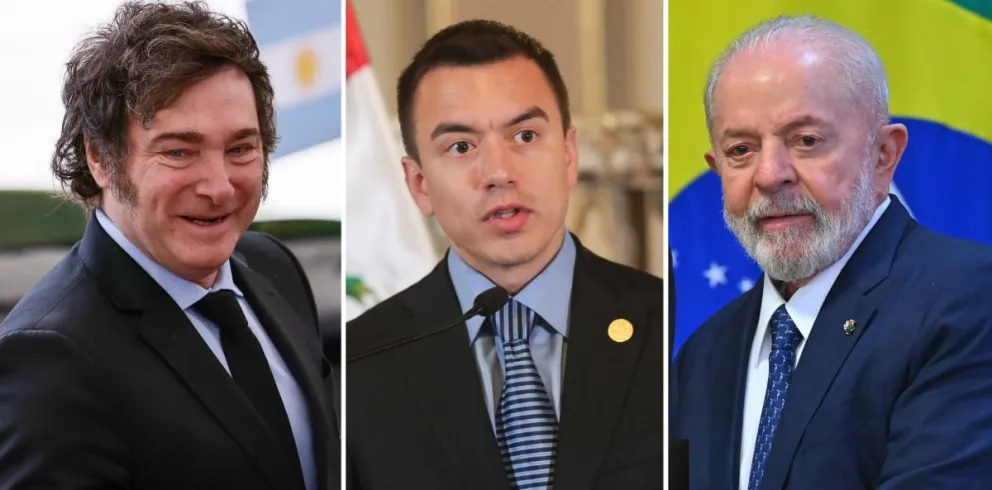 Los presidentes Milei, Noboa y Lula. 