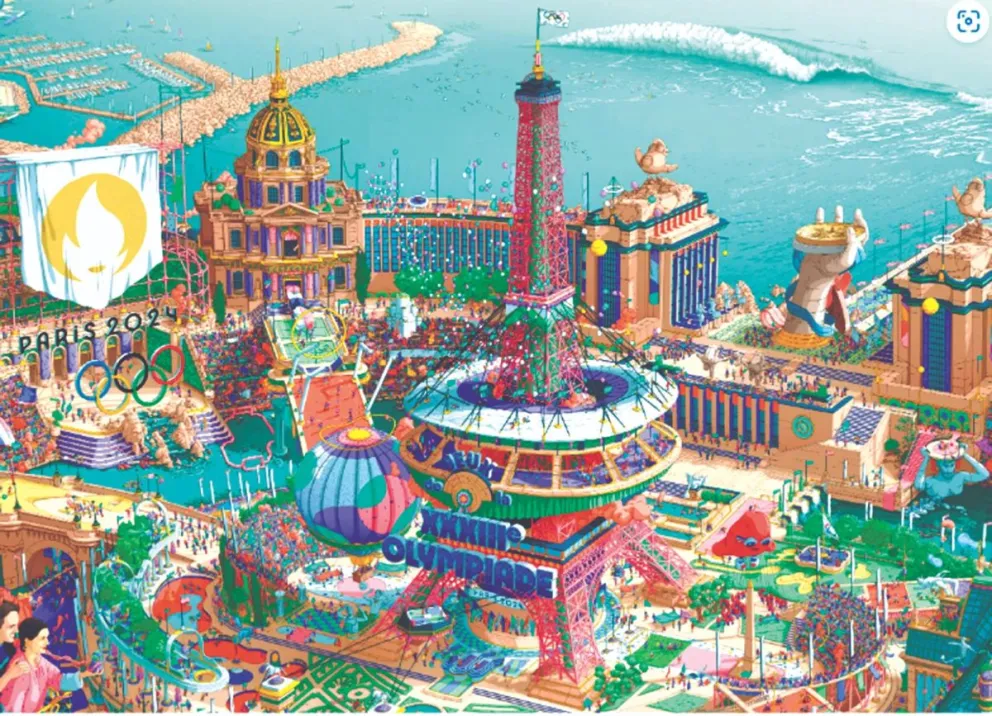 Una de las láminas de promoción de los Juegos Olímpicos con símbolos e íconos de París y Francia. Foto: París 2024