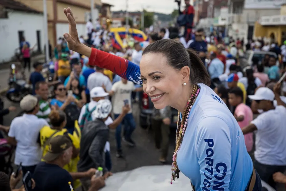 La líder opositora, Maria Corina Machado, en un acto de campaña el 17 de julio del 2024 en Guanare (Venezuela). Foto: EFE