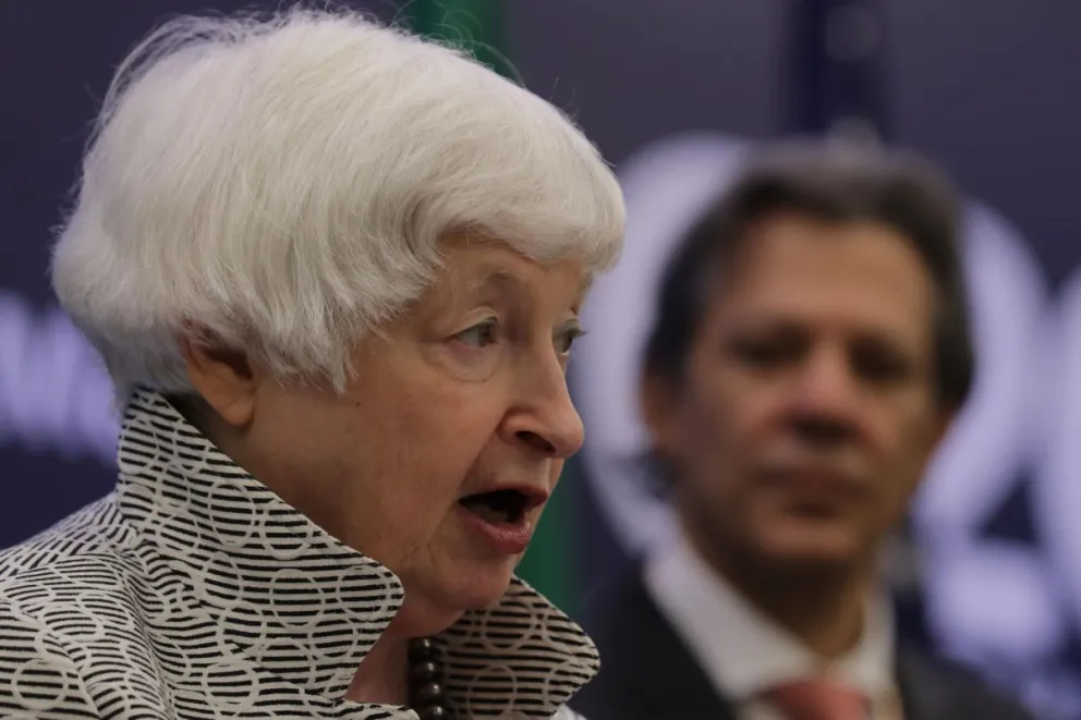 La secretaria del Tesoro de los Estados Unidos Janet L. Yellen habla en Río de Janeiro (Brasil). Foto: EFE /  André Coelho