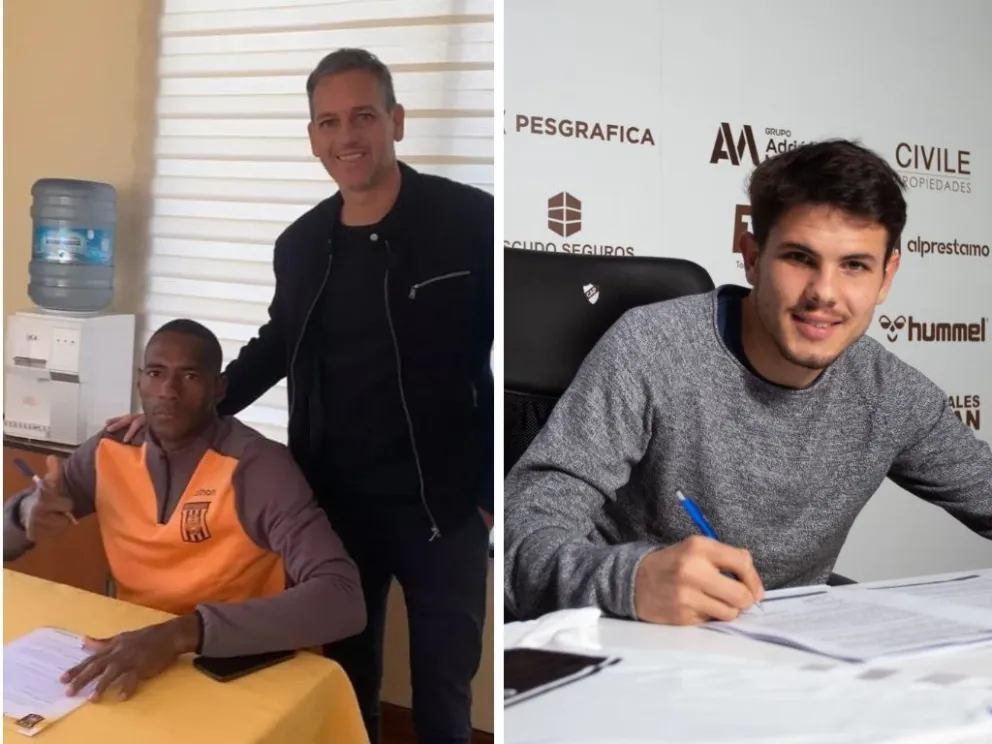 El panameño Abdiel Ayarza levanta el pulgar tras firmar su contrato el lunes (izq.). El uruguayo Sebastián Guerrero fue confirmado como refuerzo.