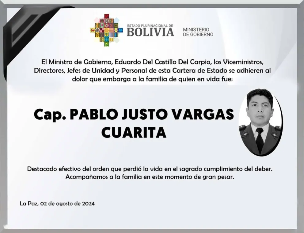 El efectivo falleció luego de estar herido por varios días. Foto: Ministerio de Gobierno